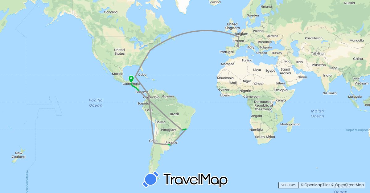 TravelMap itinerary: driving, bus, plane in Argentina, Brazil, Chile, Colombia, Costa Rica, France, Guatemala, Mexico, Nicaragua, El Salvador, United States, Uruguay (Europe, North America, South America)